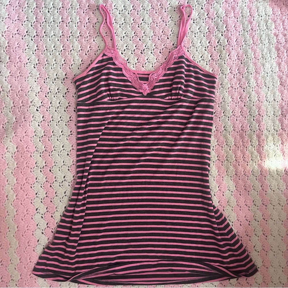 pink and grey striped tank top